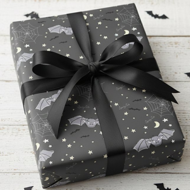 Papel De Regalo Adorable Black Spooky Cute Girly Bats Halloween (Black Bats Wrapping Paper for Halloween or October Birthday Party. Whimsical Wings Halloween Pattern)