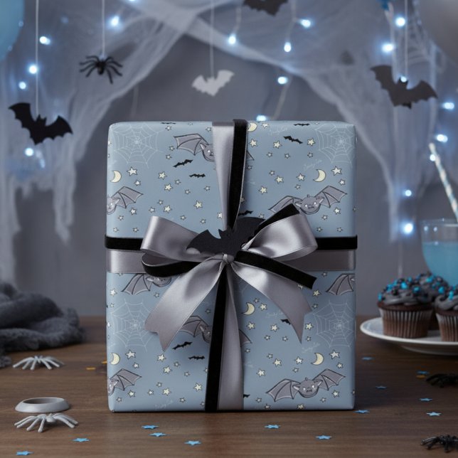 Papel De Regalo Adorable Blue Spookee Cute Bats Halloween (Spooky Blue Cute Bats Halloween Pattern for Kids Halloween Party Wrapping Paper. Stars, Moon & Webs)