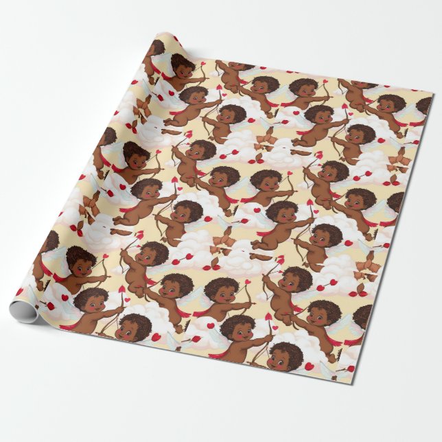 Papel De Regalo Adorable Cherub afroamericano con corazón (Desenrollado)