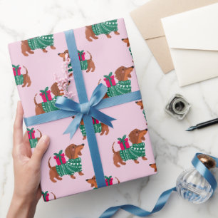Papel De Regalo Adorable Dachshund de Navidad en suéter verde rosa