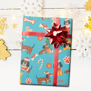 Papel De Regalo Adorable Dachshund Navideño Verde Teal Feliz Woofm