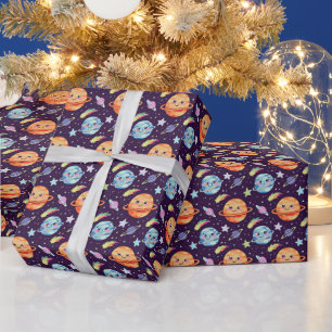 Papel De Regalo Adorable diseño espacial Planetas sonrientes y dis