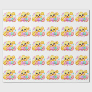 Papel De Regalo Adorable Kawaii Pollito Soleado Nombre Pastel Rosa