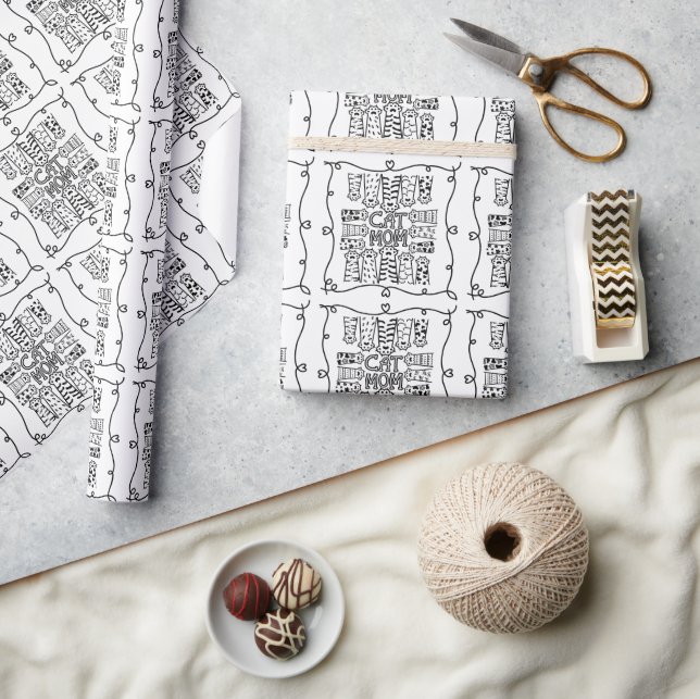 Papel De Regalo Adorable mamá negra y blanca del gato para los ama (Artesanía)