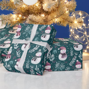 Papel De Regalo Adorable Muñecos de Nieve Verde Navidad