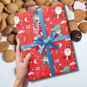 Papel De Regalo Adorable patrón de Sinterklaas y Piet en rojo