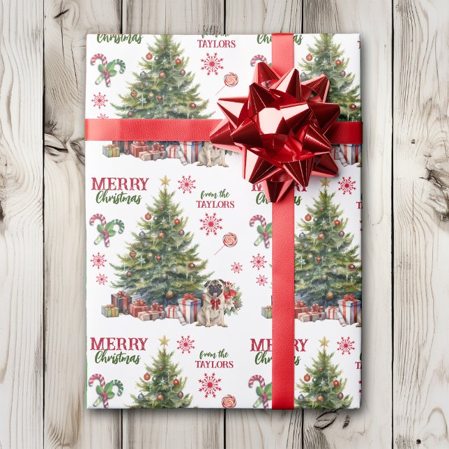 Papel De Regalo Adorable Perro Pug Rojo Bow Árbol de vacaciones (Subido por el creador)