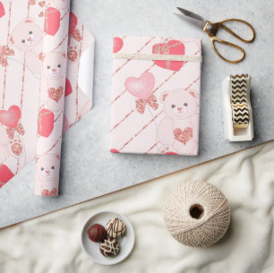 Papel De Regalo Adorable Purpurina de Oso de Teddy Corazones rosad