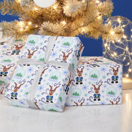 Papel De Regalo Adorable Reno de Navidad Azul Festivo