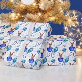 Papel De Regalo Adorable Reno de Navidad Azul Festivo