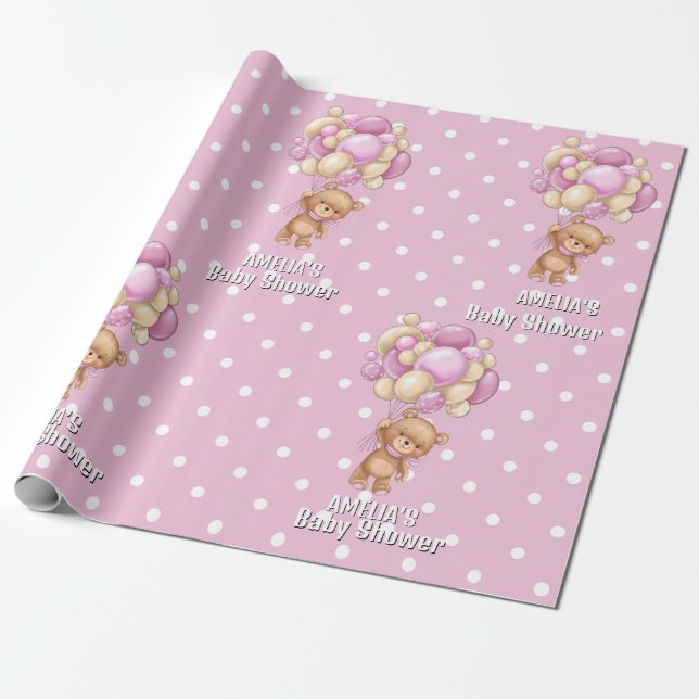 Papel De Regalo  Adorable Teddy Bear Pink Baby Shower  (Desenrollado)