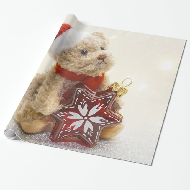 Papel De Regalo Adorable Teddy Bear Santa Hat, Holiday (Desenrollado)