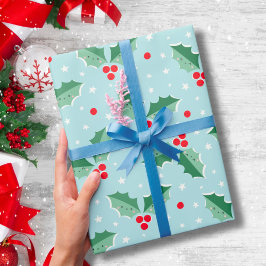 Papel De Regalo Adorables bayas de acebo Navidad azul claro