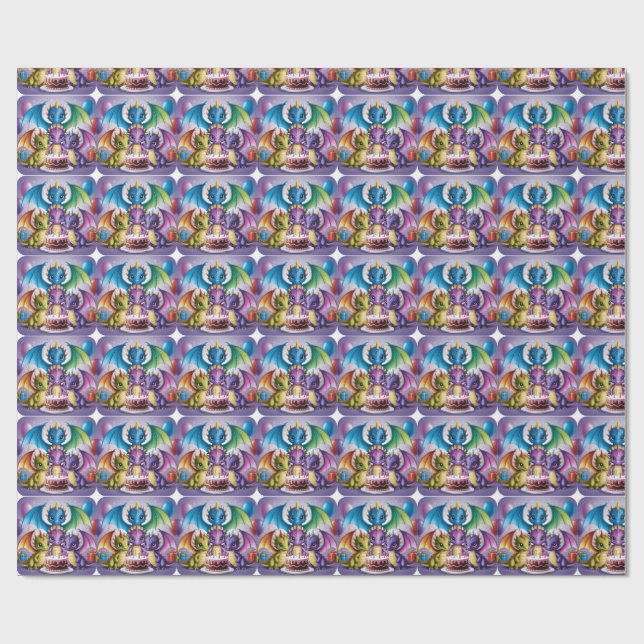 Papel De Regalo Adorables dragones arcoiris (Superficie plana)