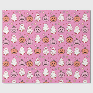 Papel De Regalo Adorables Fantasmas y Calabazas de Halloween Rosa