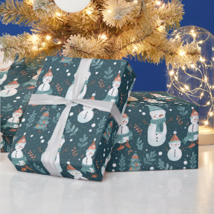 Papel De Regalo Adorables Muñecos de Nieve Vegetación Nieve Verde 