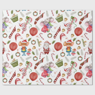 Papel De Regalo Adorables ratones de Navidad en acuarela