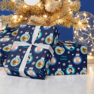 Papel De Regalo Adorno de foto azul marino moderno Feliz Navidad