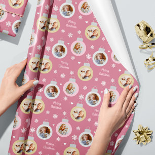 Papel De Regalo Adorno de foto elegante rosa Merry Christmas