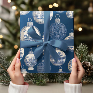 Papel De Regalo Adorno de Navidad de Toile Azul de Lujo