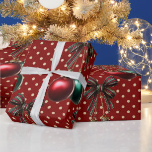 Papel De Regalo Adorno Navideño de Lunares Vintage Rojo y Verde