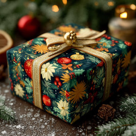 Papel De Regalo Adornos Clásicos de Navidad y Follaje Festivo
