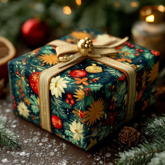 Papel De Regalo Adornos Clásicos de Navidad y Follaje Festivo