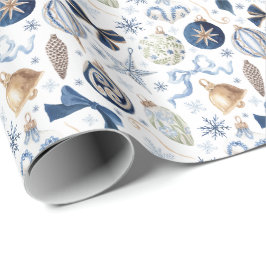 Papel De Regalo Adornos de acuarela azul Navidad