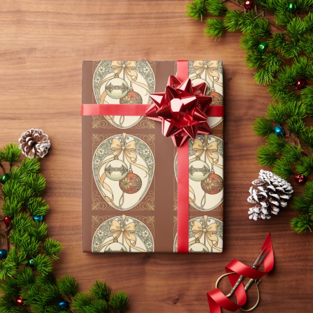 Papel De Regalo Adornos de Navidad Beige y Rojo Art Nouveau (Regalo de vacaciones)