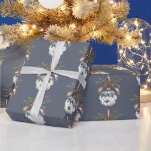 Papel De Regalo Adornos de Navidad de Champagne Blanco Azul Dorado