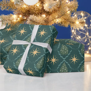 Papel De Regalo Adornos de Navidad de estrellas doradas verde esme