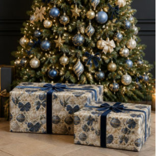 Papel De Regalo Adornos de Navidad de lujo en azul marino, marfil