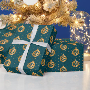 Papel De Regalo Adornos de Navidad dorados y azul tiza