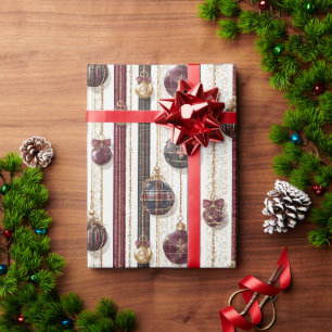 Papel De Regalo Adornos de rayas de crema de Borgoña Navidad