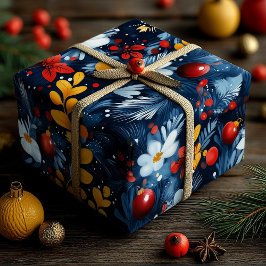 Papel De Regalo Adornos Navideños Azules con Patrón de Florales Bl