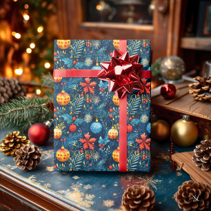Papel De Regalo Adornos Navideños Azules Festivos y Patrón de Foll