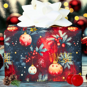 Papel De Regalo Adornos Navideños de Oro Rojo sobre Patrón Azul Pr