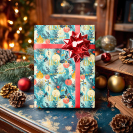 Papel De Regalo Adornos Navideños Personalizados de Azul y Dorado