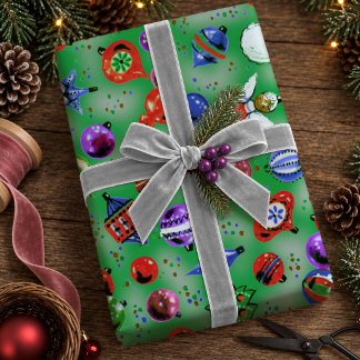 Papel De Regalo Adornos Navideños Retro Coloridos Verdes Lindos