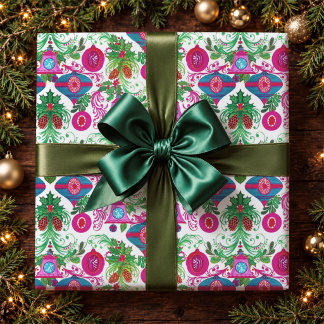 Papel De Regalo Adornos Navideños Retro de Color Rosa Turquesa Vib