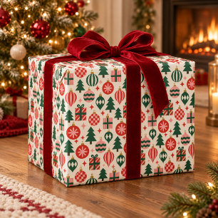 Papel De Regalo Adornos Navideños Retro Rojo & Verde