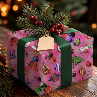 Papel De Regalo Adornos Navideños Retro Rosa Alegre