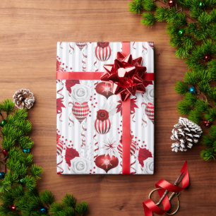 Papel De Regalo Adornos Navideños Rosas Blancas y Rojas Fiesta