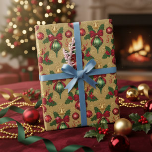 Papel De Regalo Adornos Navideños Verdes Rojos Vintage