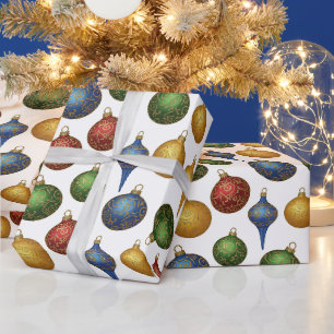 Papel De Regalo Adornos Navideños Vintage Coloridos sobre Blanco