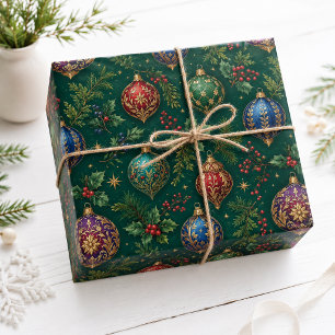 Papel De Regalo Adornos Navideños Vintage de Tonos de Joyas Esmera
