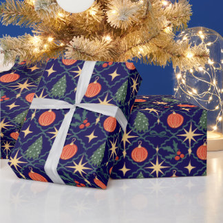 Papel De Regalo Adornos navideños vintage retro azul marino Navida