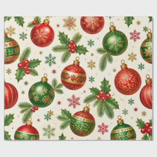 Papel De Regalo Adornos Navideños Vintage y Patrón de Acebo – Rojo