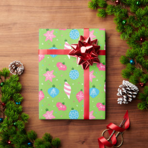 Papel De Regalo Adornos Verdes Rosados Azules Feliz Navidad Brilla