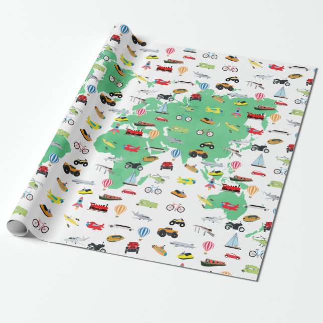Papel De Regalo Adventure Awaits World Map Vehicles (Desenrollado)